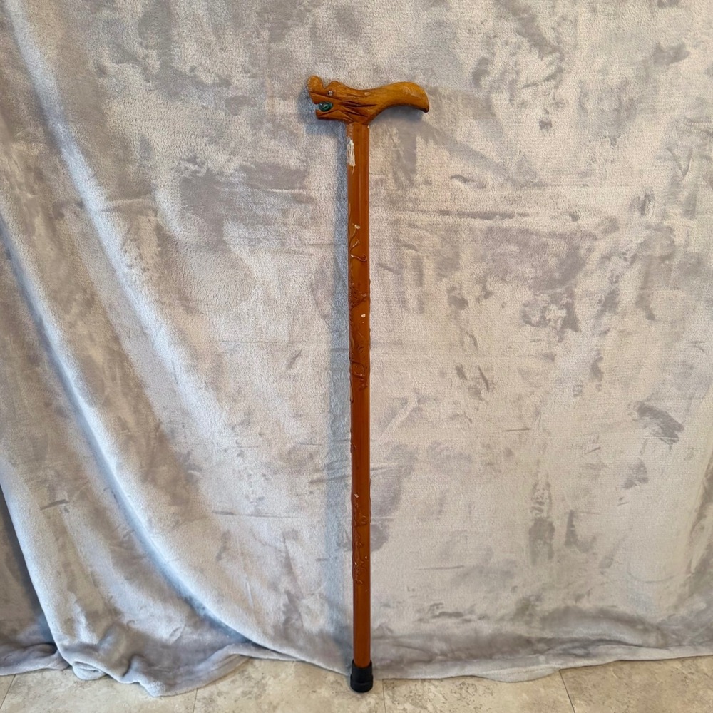 Hand Carved Dragon Wooden Walking Stick Cane Marble in Mouth 36 Inch Vtg Brown